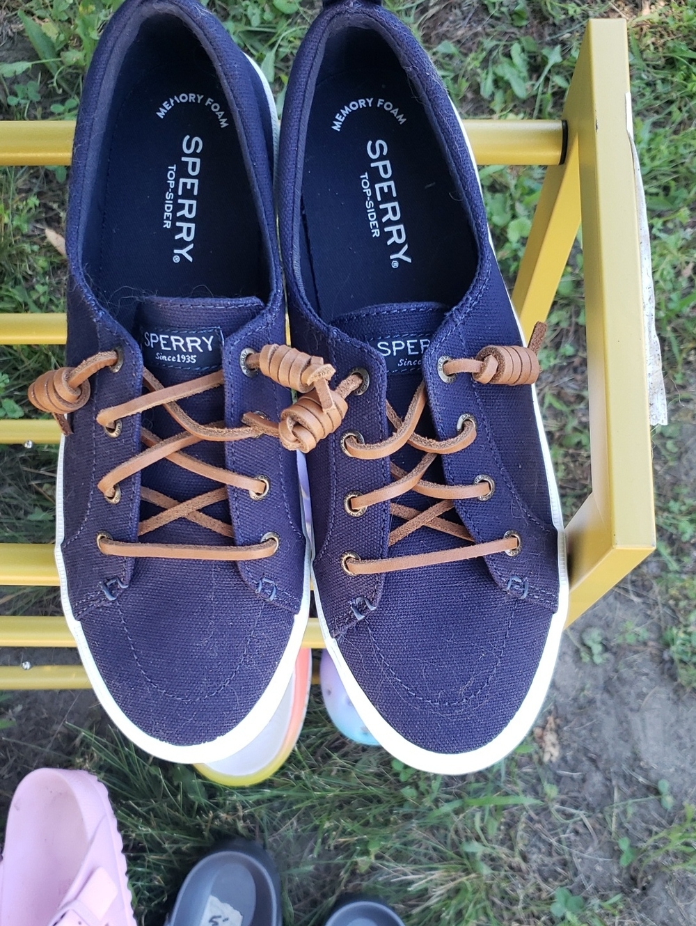 Sperry Navy Canvas Deck Shoes with Tan Laces New W/O Box